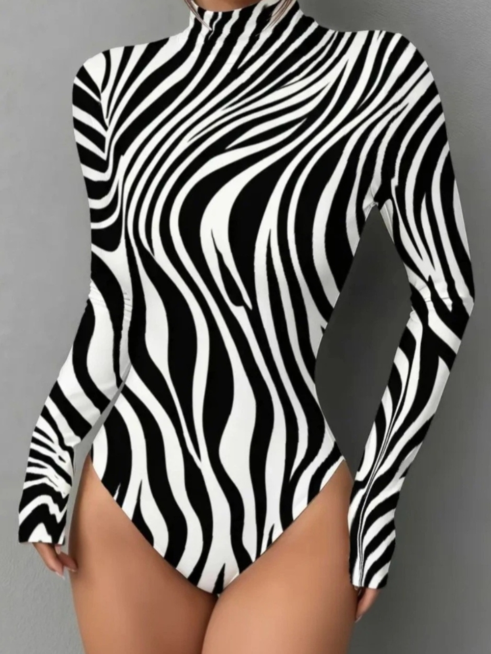 Zebra Print High Neck Long Sleeve Bodysuit - Black & White